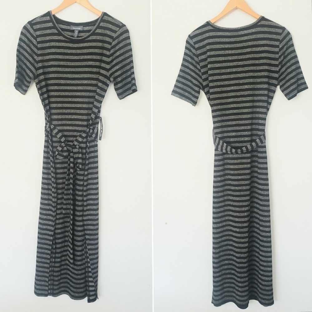 Modcloth Womens Short sleeve Gray Black Striped Tie Waist Maxi Dress Size M